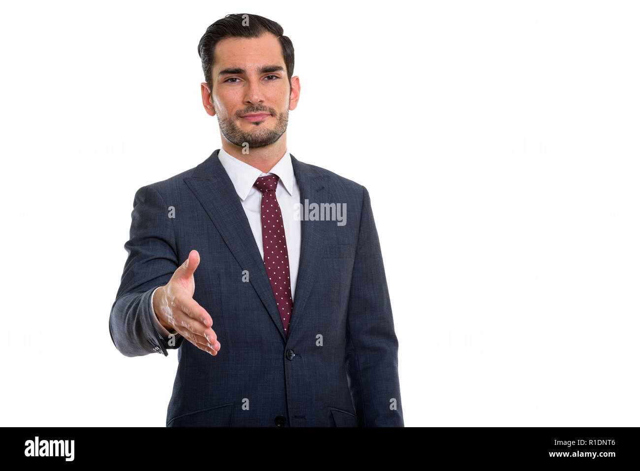 Studio shot of young handsome businessman giving handshake Banque D'Images