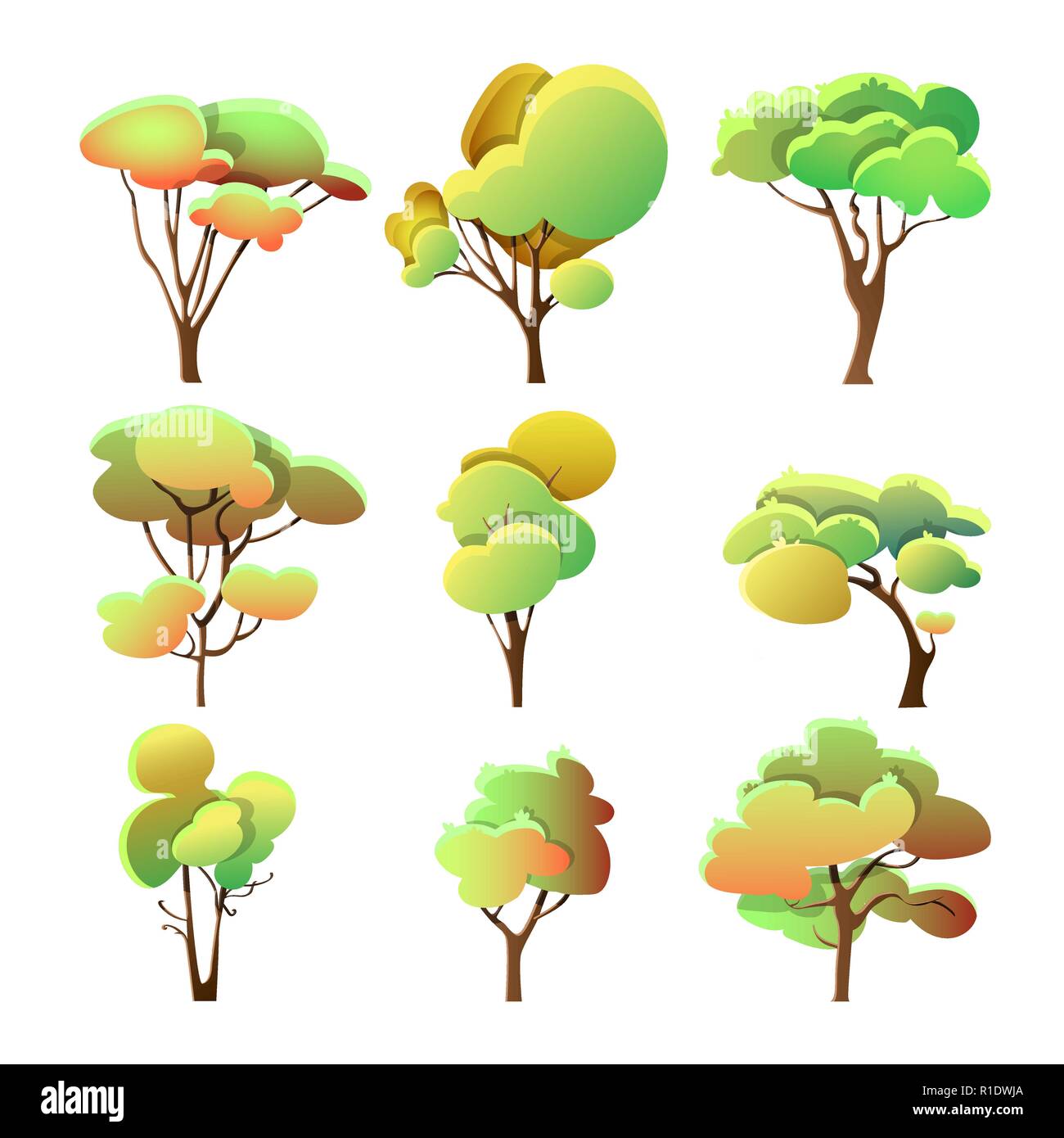 Ensemble d'arbres colorés avec des feuilles de forme différente Illustration de Vecteur