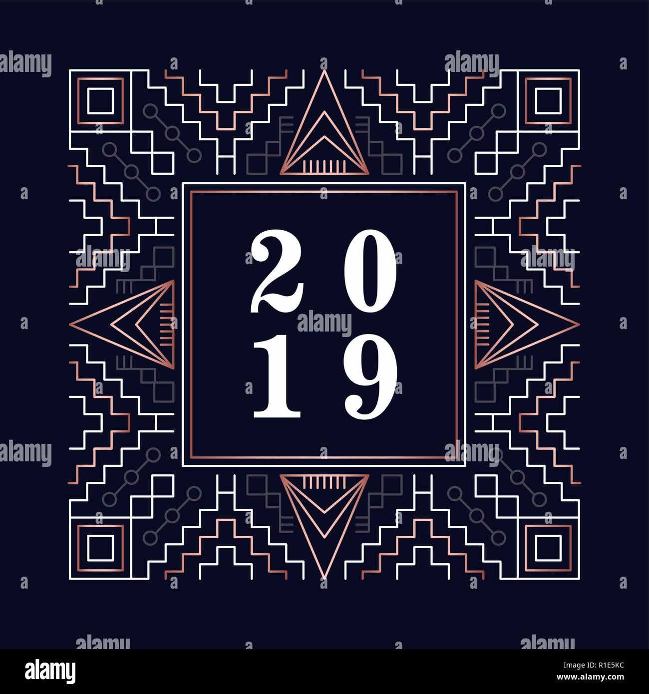 Bonne année abstract deco design 2019 cuivre avec signe dans contour style. Idéal pour maison de vacances Carte de voeux, affiche, campagne ou web. Illustration de Vecteur