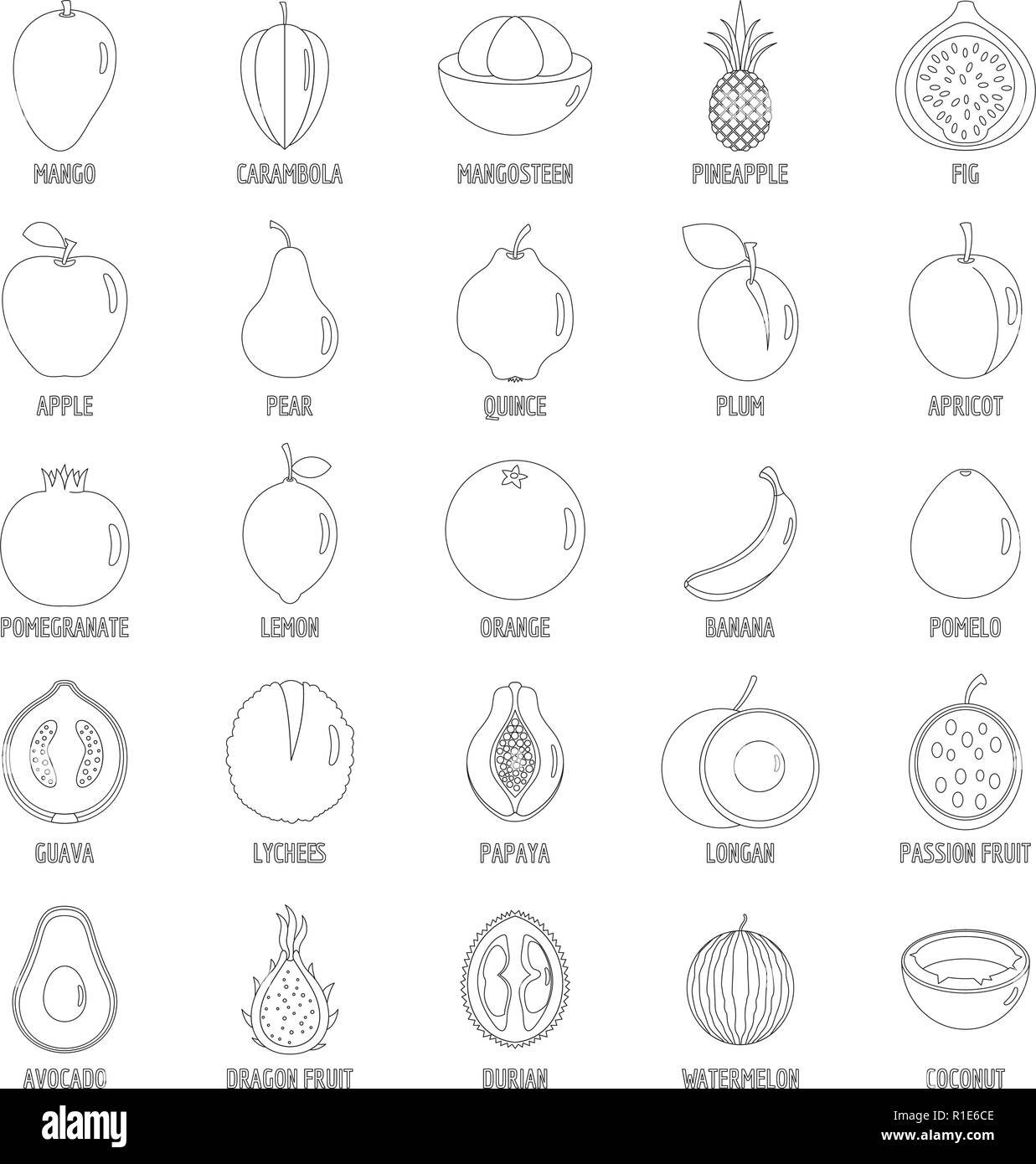 Fruits icons set. Contours illustration de fruits 25 vector icons for web Illustration de Vecteur