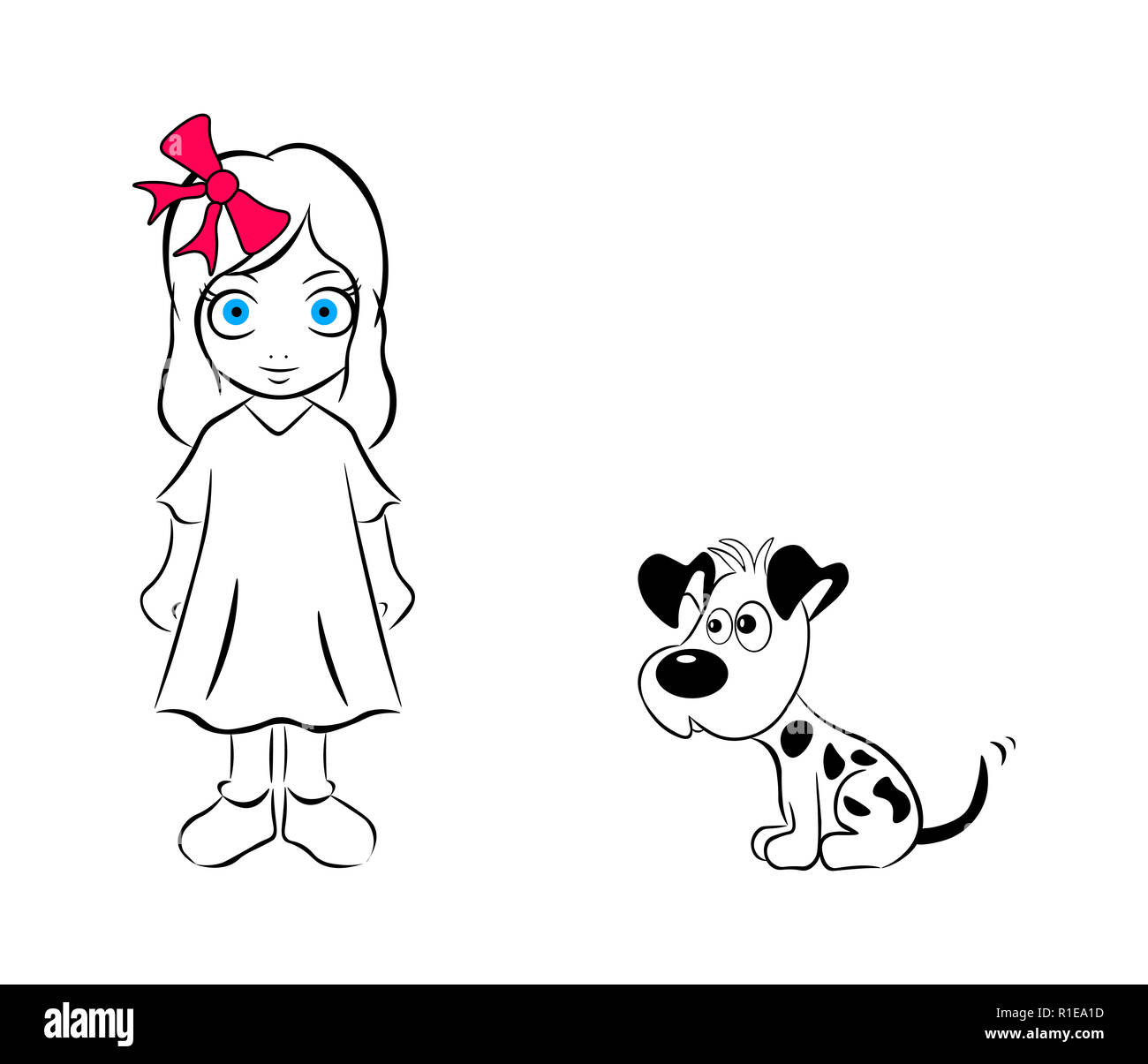 Isolé sur fond blanc dimensions des filles avec un arc sur la tête et avec un chien suivant. Banque D'Images