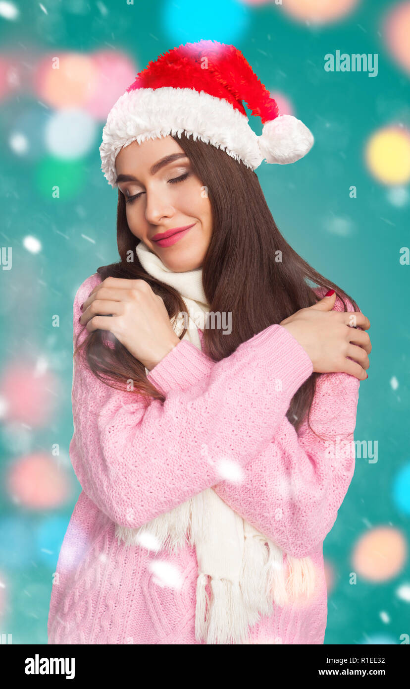 Fille de chandail et christmas hat Banque D'Images