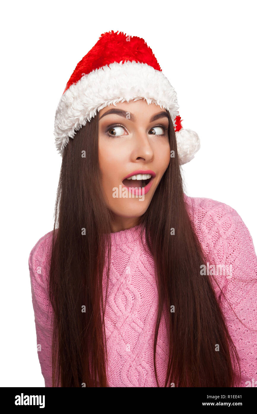 Girl in christmas hat close-up photo Banque D'Images