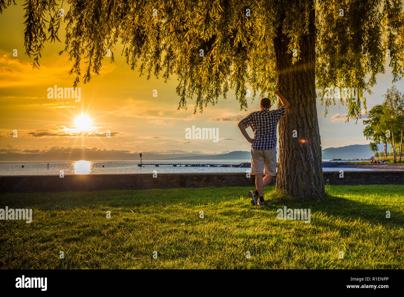 Jeune homme appréciant le coucher du soleil sur le Lac Léman, près de Montreux, ville de la région de Lavaux, dans le Canton de Vaud, Suisse, Europe. Banque D'Images