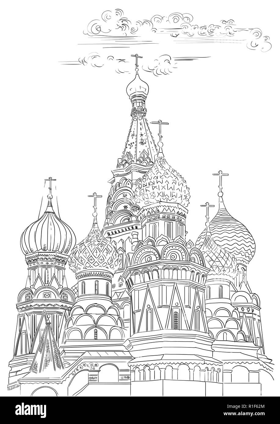 Cathédrale Saint basilics du Kremlin (Moscou, Russie) isolées vector dessin illustration en couleur noir sur fond blanc Illustration de Vecteur