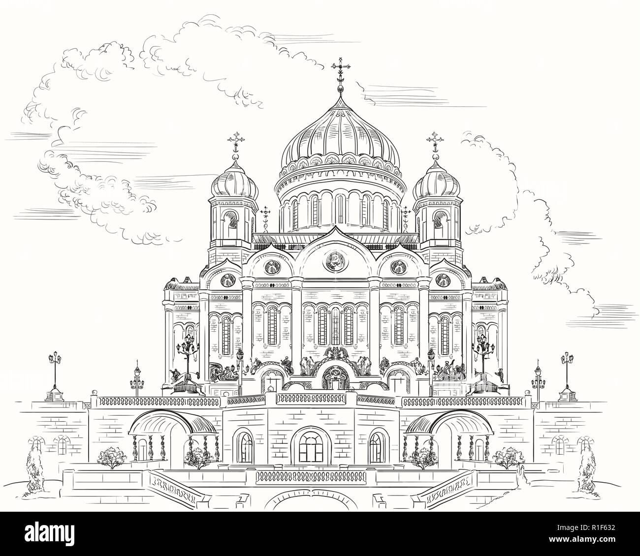 Cityscape de cathédrale du Christ-Sauveur (Moscou, Russie) isolées vector dessin illustration en couleur noir sur fond blanc Illustration de Vecteur