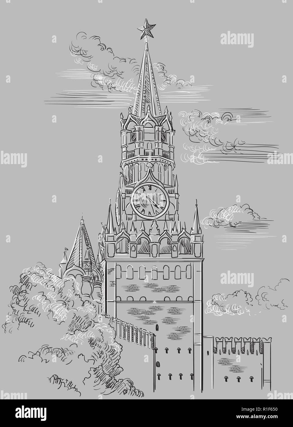 Paysage urbain de la tour Spasskaya du Kremlin (la Place Rouge, Moscou, Russie) isolées vector illustration dessin à la main en noir et blanc sur gris backgrou Illustration de Vecteur