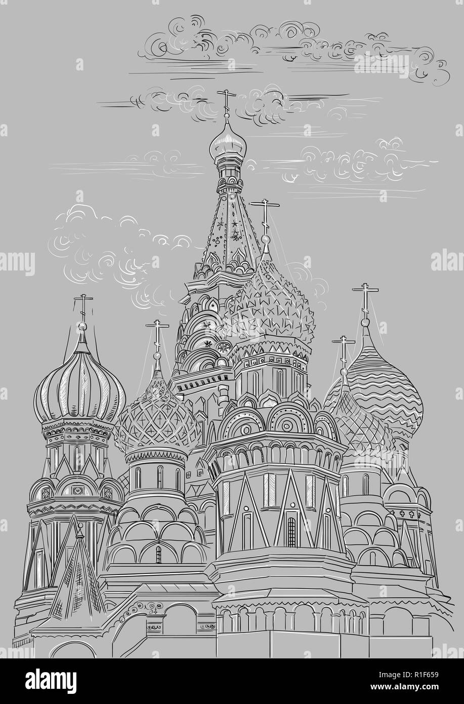 Cathédrale Saint basilics du Kremlin (Moscou, Russie) isolées vector illustration dessin à la main en noir et blanc sur fond gris Illustration de Vecteur