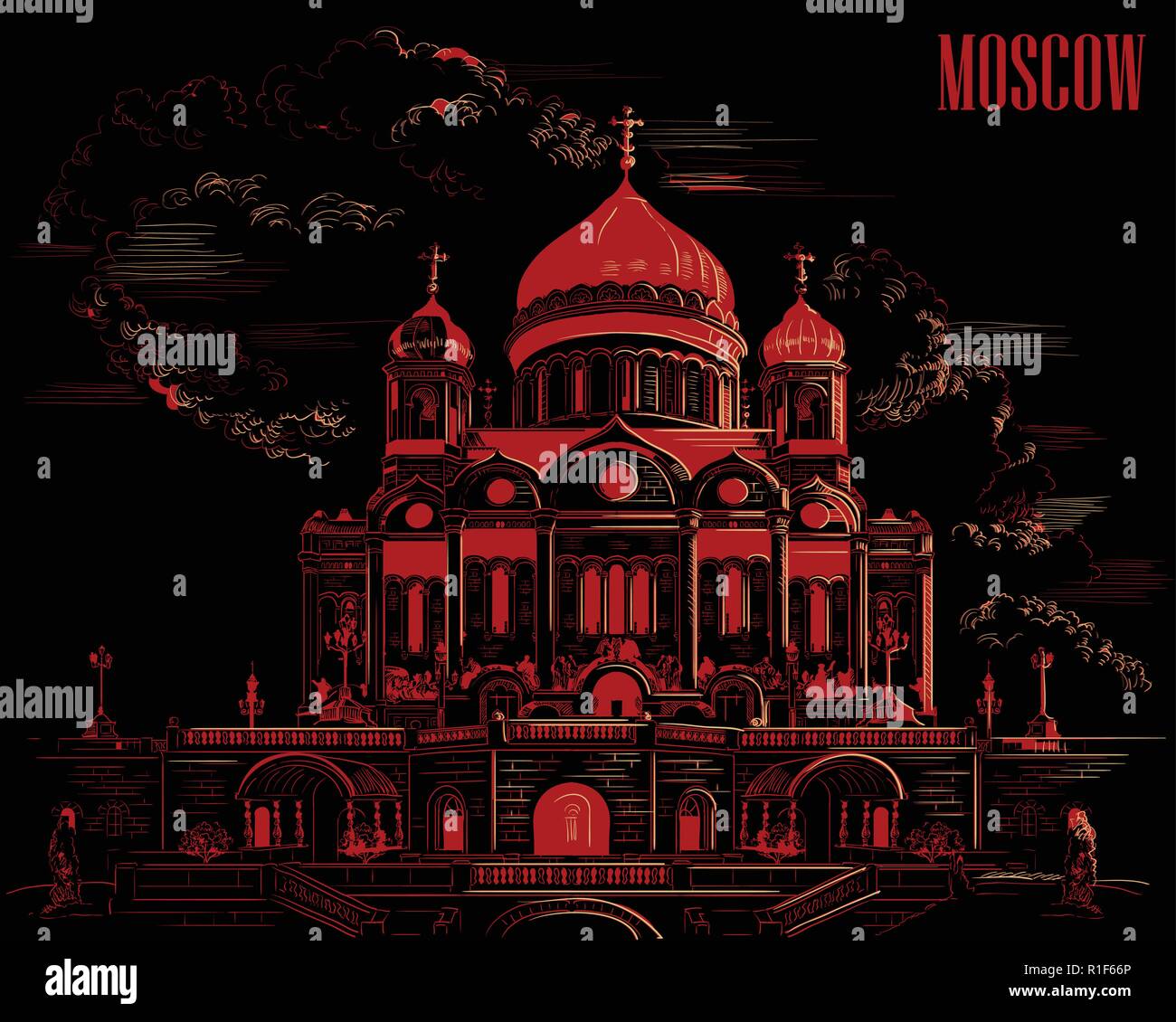 Cityscape de cathédrale du Christ-Sauveur (Moscou, Russie) vecteur illustration isolé dessin à la main en rouge et beige couleur sur fond noir Illustration de Vecteur