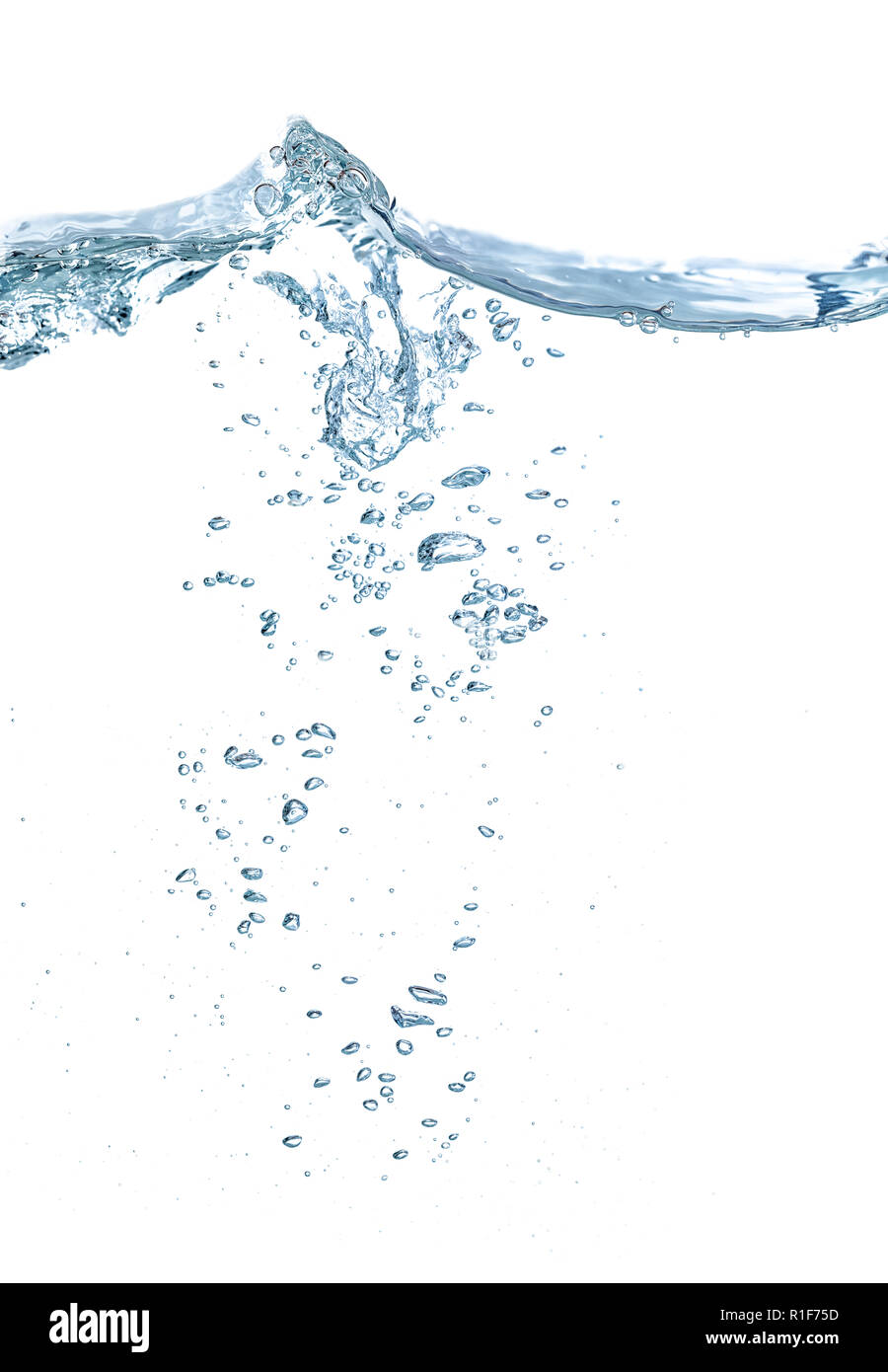 Les projections d'eau et de bulles bleu isolé sur fond blanc. Banque D'Images