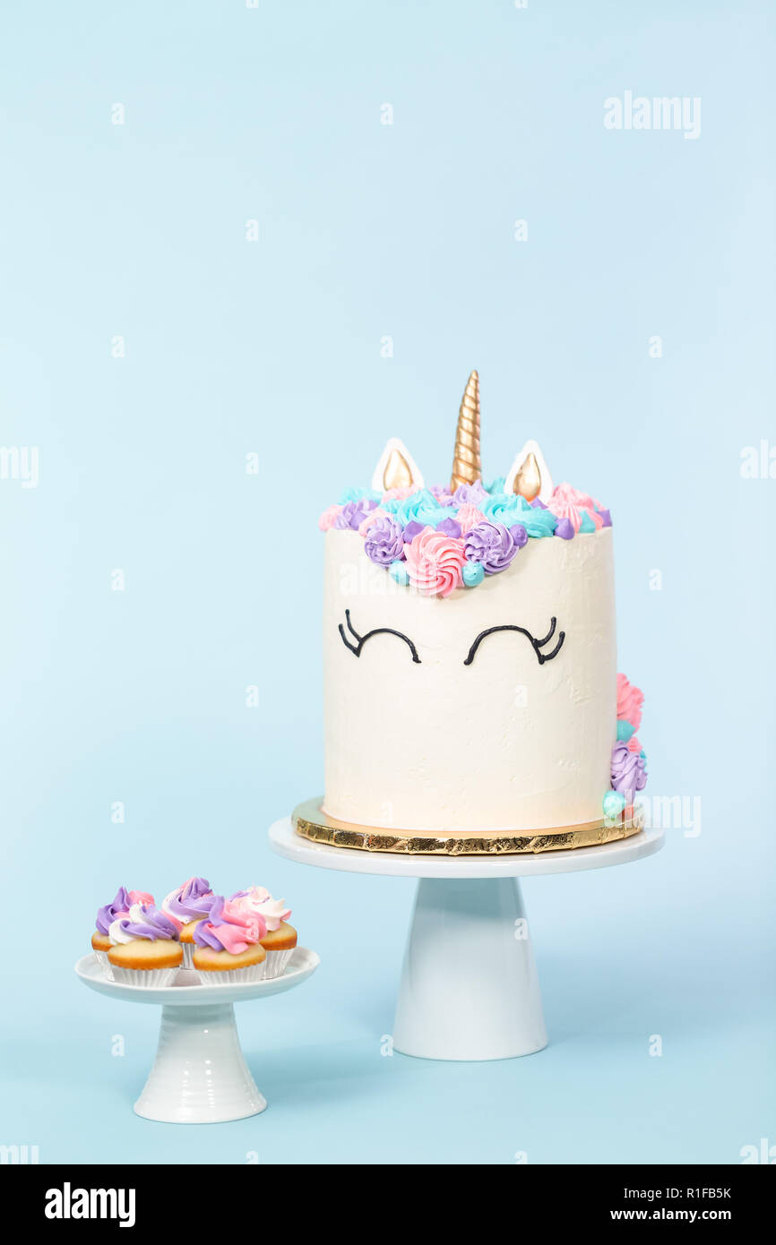 Unicorn Gastronomique Gateau Avec Glacage Buttercream Roses Et Mauves Sur Fond Bleu Photo Stock Alamy