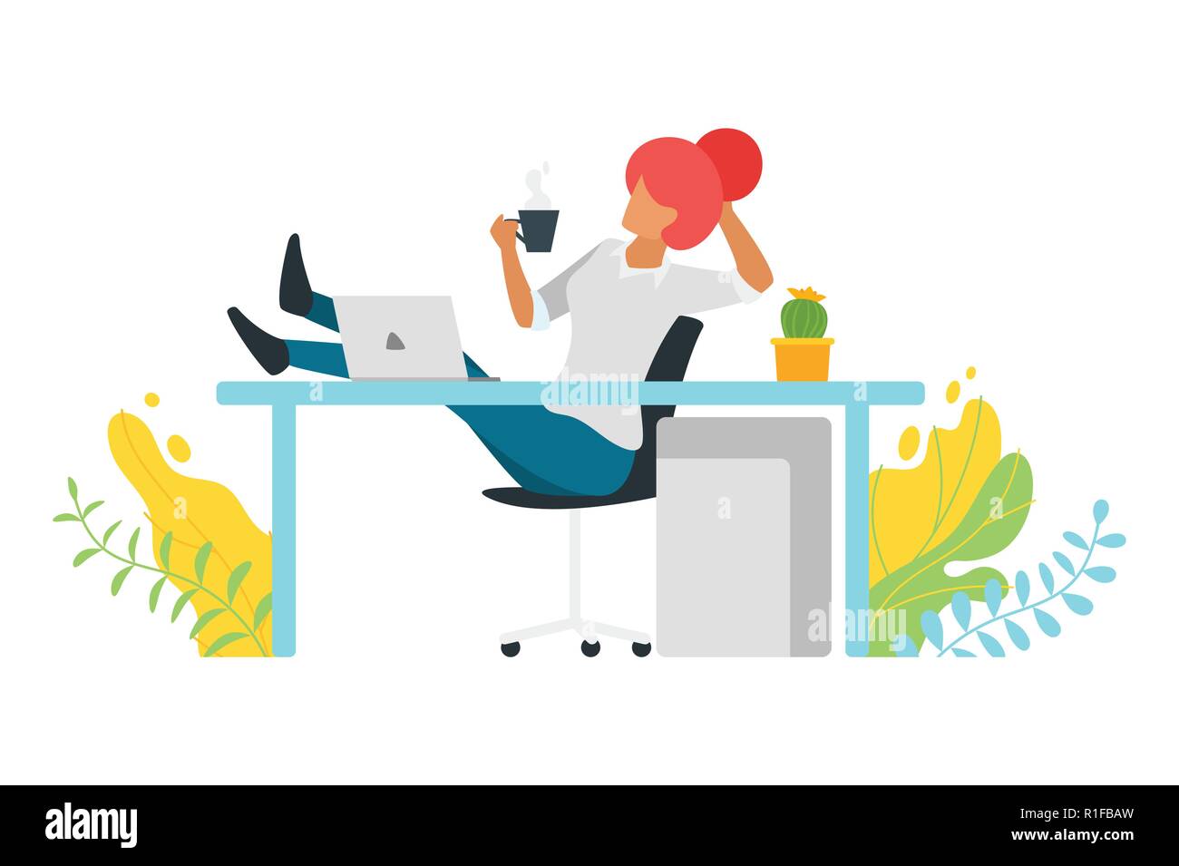Pause café concept avec woman reclining avec ses pieds sur le bureau et holding cup sur le lieu de travail. Illustration de bureau moderne. Le minimalisme de Illustration de Vecteur