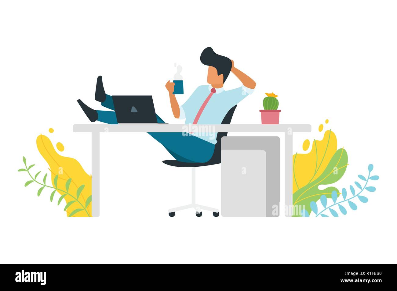 Pause café concept avec woman reclining avec ses pieds sur le bureau et holding cup sur le lieu de travail. Illustration de bureau moderne. Le minimalisme le desi Illustration de Vecteur