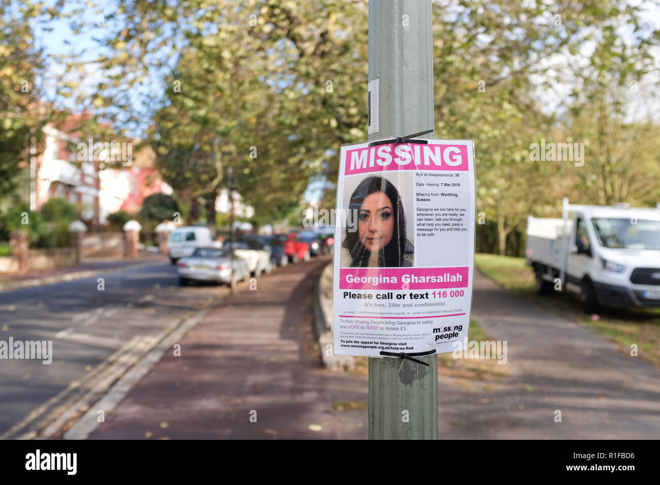 Poster dans le Queens Park Brighton pour personne disparue Georgina Gharsallah qui n'a pas été vu depuis mars 2018 lorsqu'elle a disparu de son domicile de Wor Banque D'Images