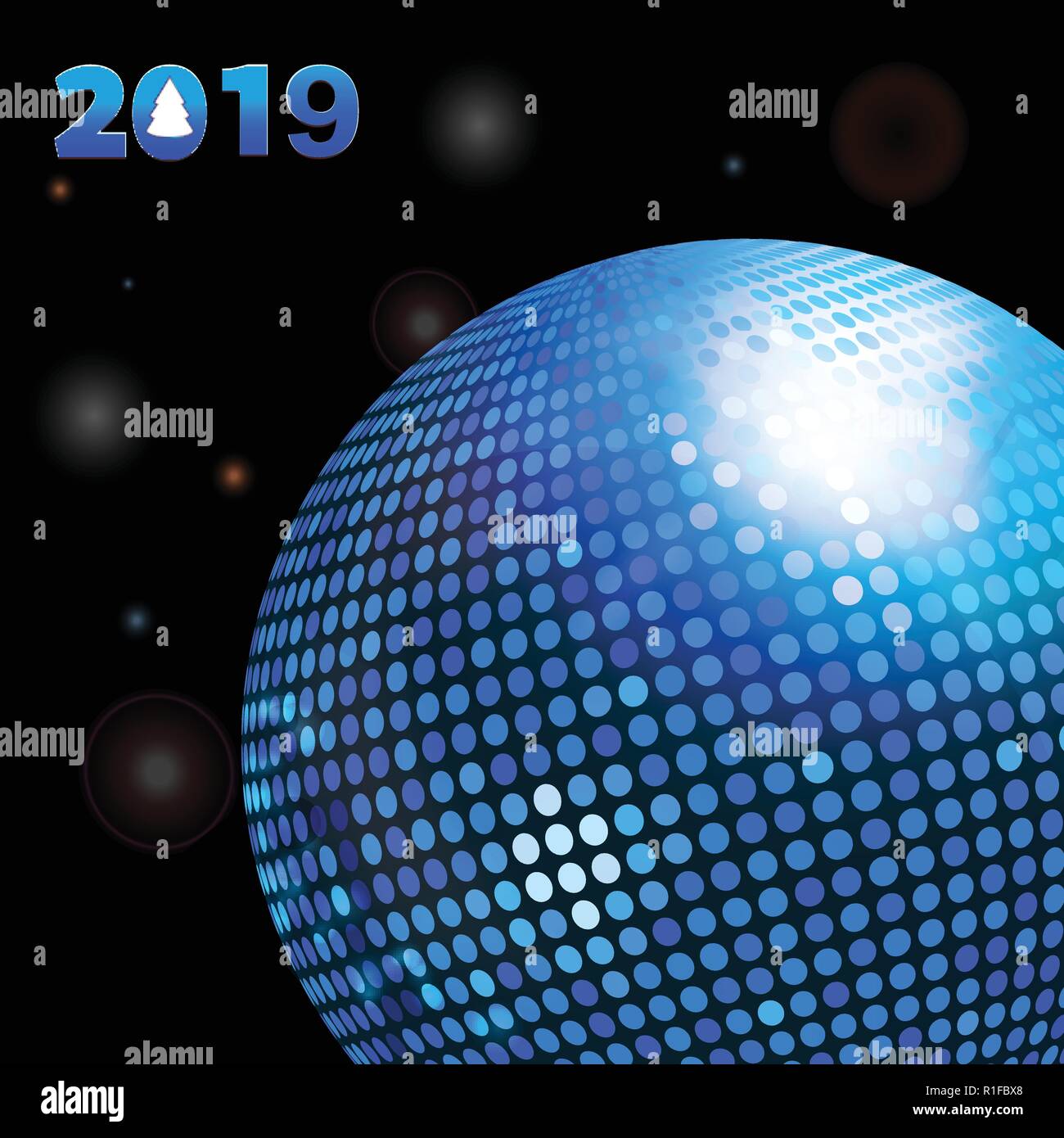 3D Illustration de fond noir brillant avec 2019 Nouveaux Ans et boule disco bleu Illustration de Vecteur