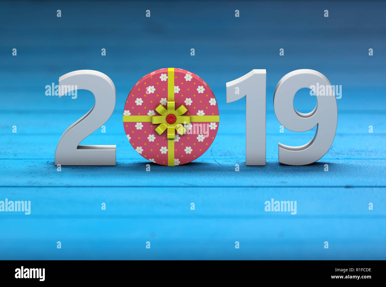 Nouvelle année 2019 avec boîte-cadeau - Image de rendu 3D Banque D'Images
