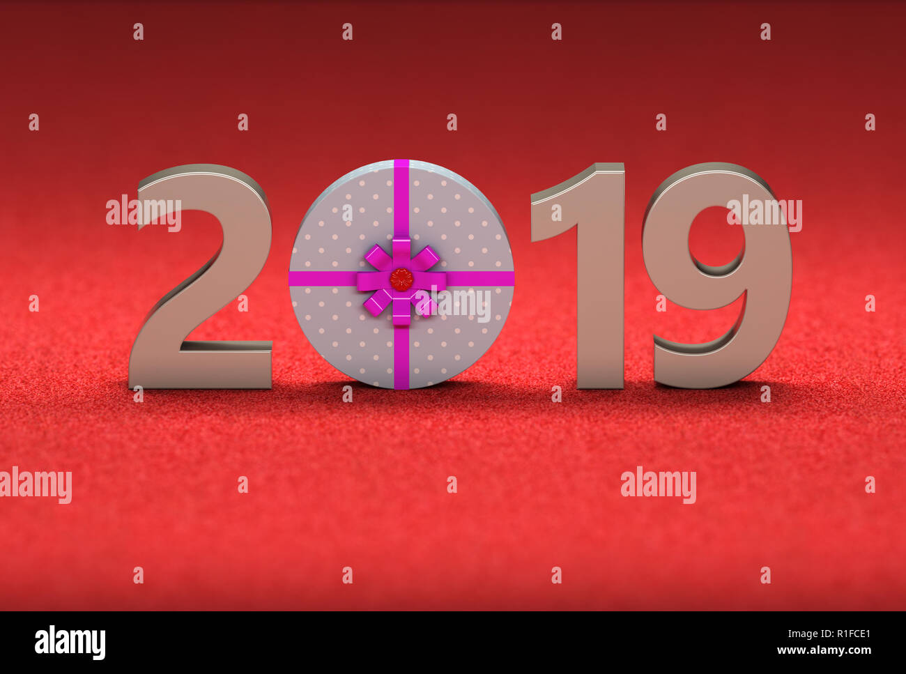 Nouvelle année 2019 avec boîte-cadeau - Image de rendu 3D Banque D'Images