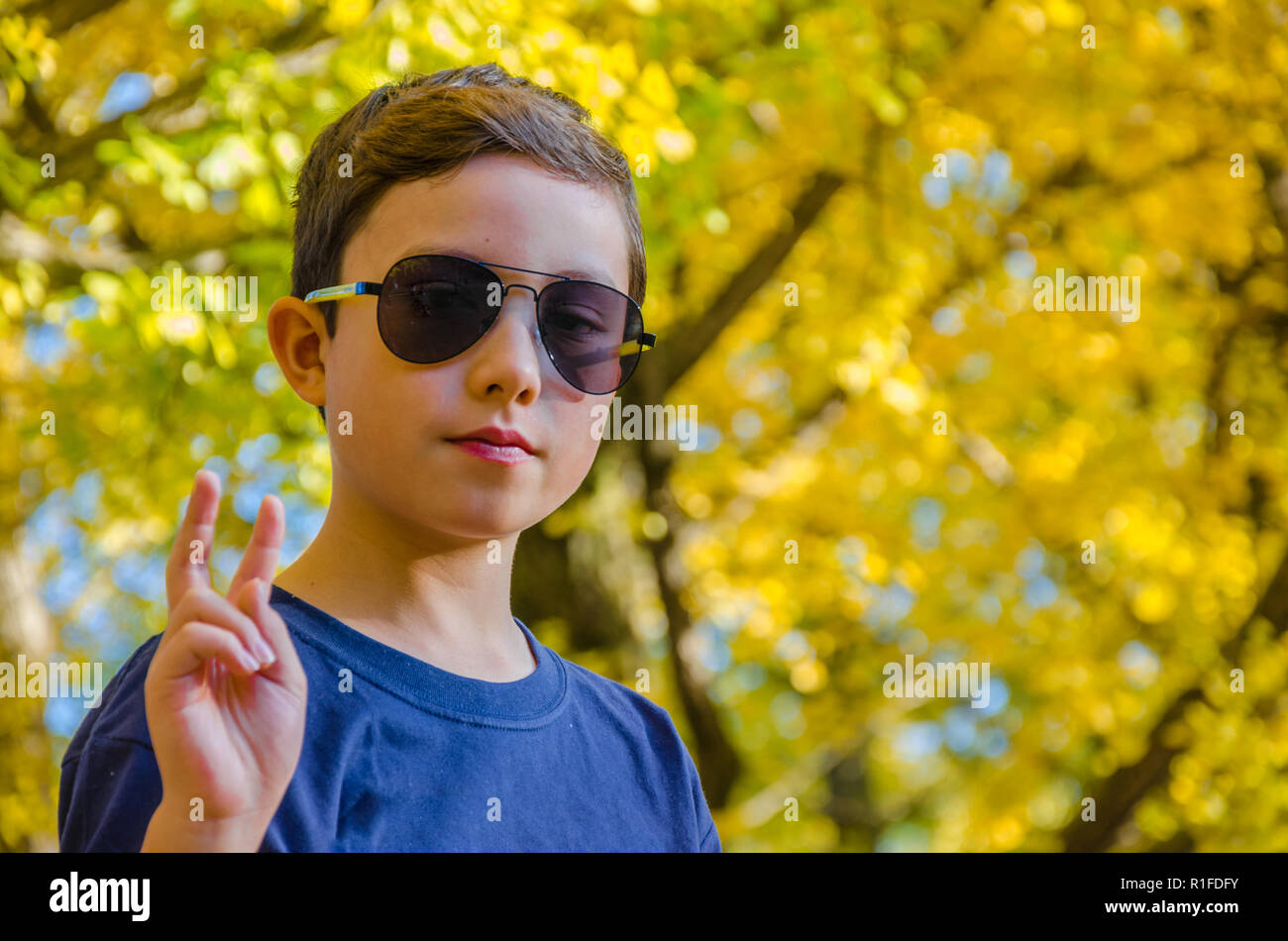 Un portrait d'un jeune garçon contre les feuilles d'automne. Banque D'Images