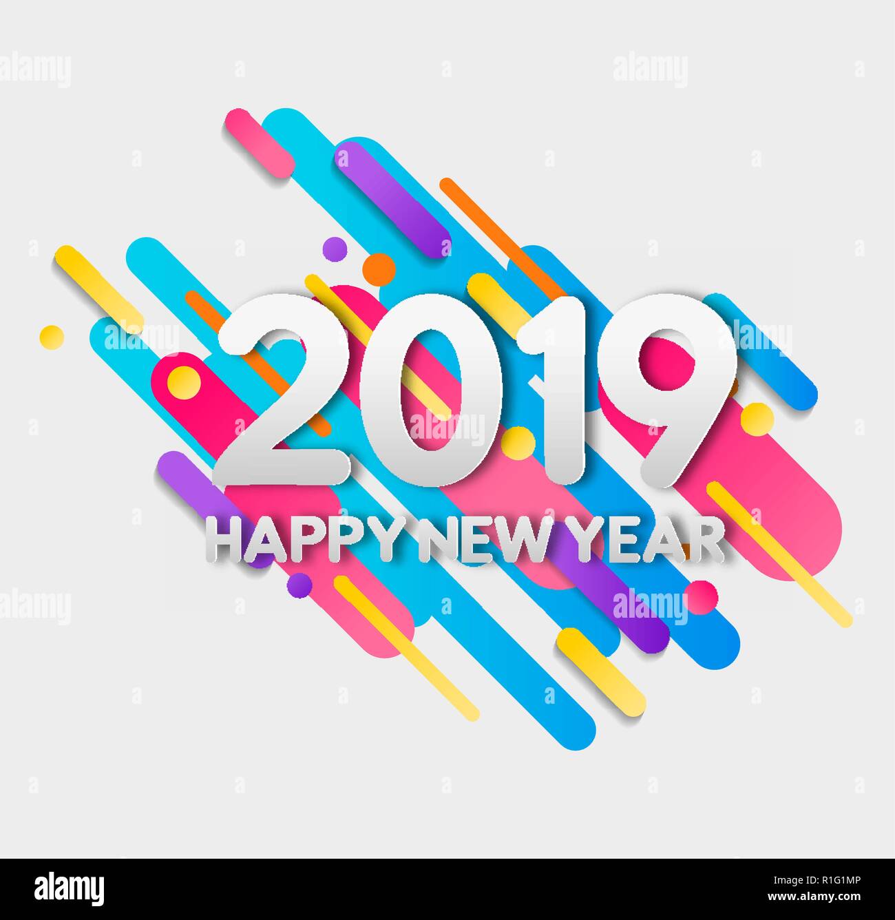 Bonne Année 2019 carte de vœux avec les numéros de typographie télévision 2D de formes géométriques dégradé en mouvement. Illustration de Vecteur