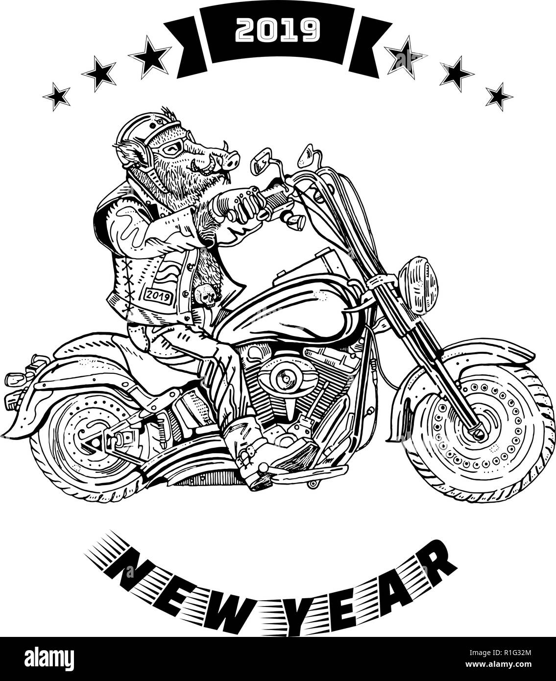 Les sangliers sur moto. Motard, motocycliste. Symbole de 2019 - année du cochon. Illustration à la main avec la nouvelle année, l'inscription, emblème de moto styl Illustration de Vecteur