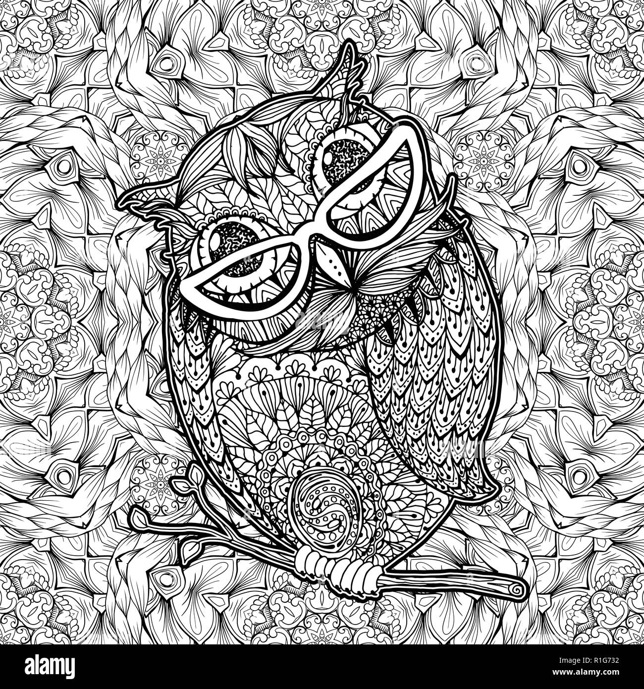 Hibou avec verres Page à colorier ou Couverture de livre. La conception de l'affiche de vecteur et d'oiseau et Hand-Drawn modèle monochrome Antistress transparente sur fond de cartes Valentines Day Illustration de Vecteur