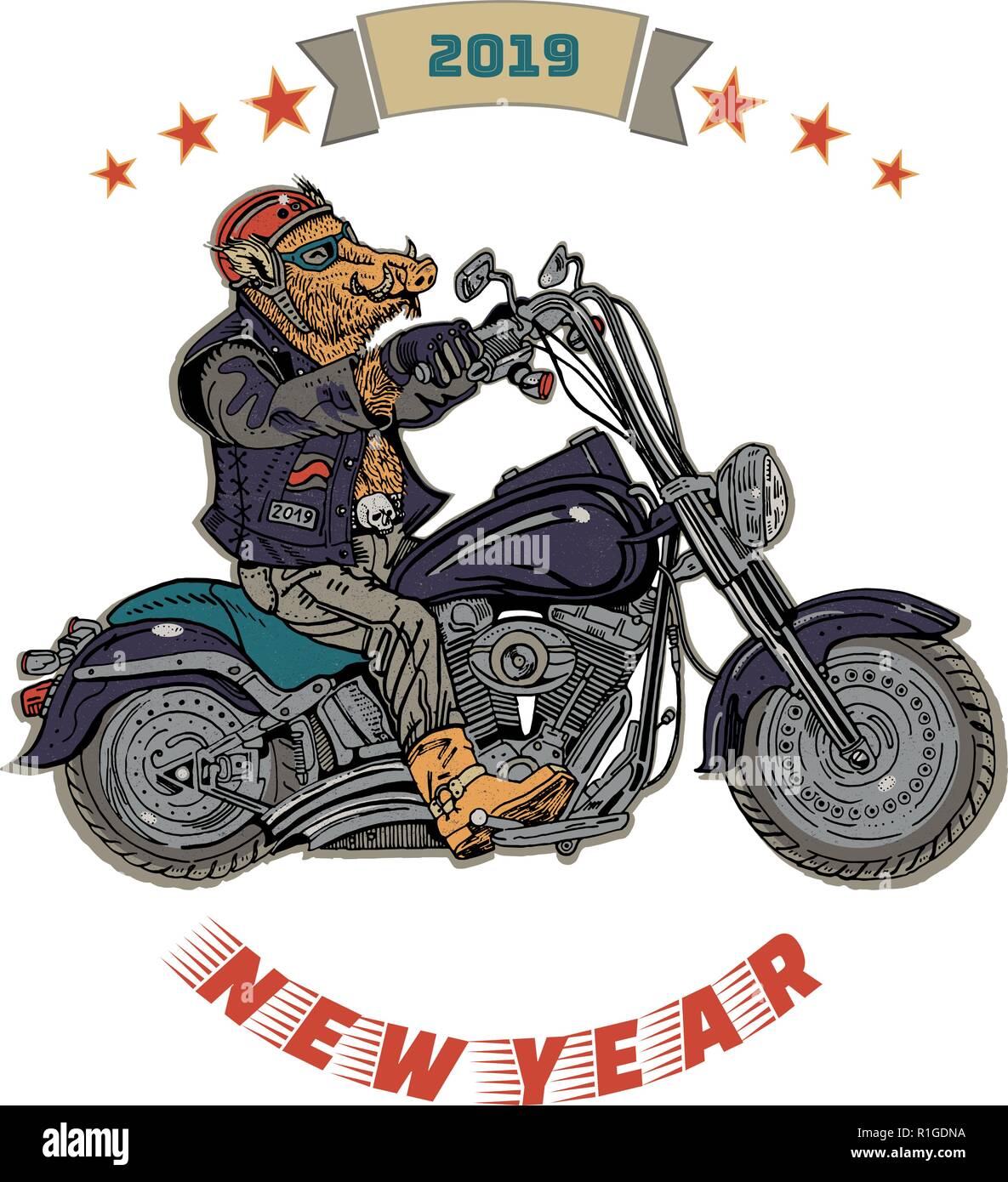 Les sangliers sur moto. Motard, motocycliste. Symbole de 2019 - année du cochon. Illustration de style rétro avec la nouvelle année, l'inscription, emblème de moto sty Illustration de Vecteur