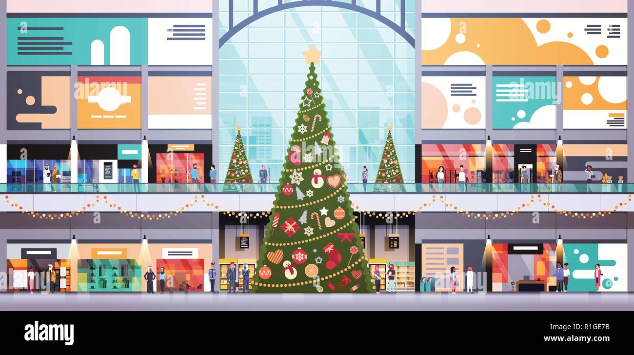 Centre commercial moderne décorée pour Noël et nouvel an vacances d'idée de nombreuses personnes big store horizontal intérieur télévision Illustration de Vecteur