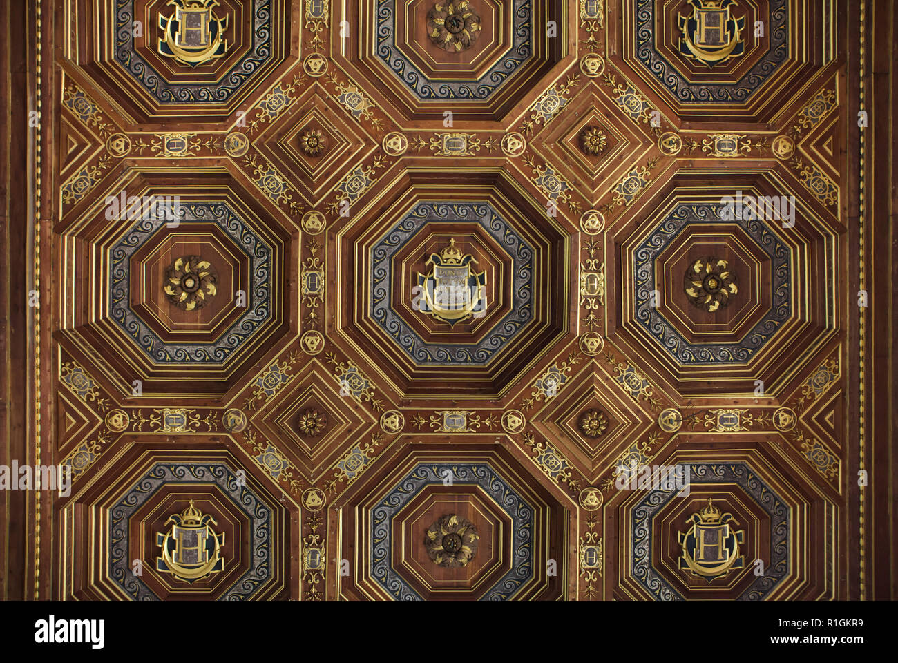 Plafond à caissons de la Renaissance dans la salle de bal dans le palais de  Fontainebleau (château de Fontainebleau) près de Paris, France. La  décoration de la salle a commencé sous le