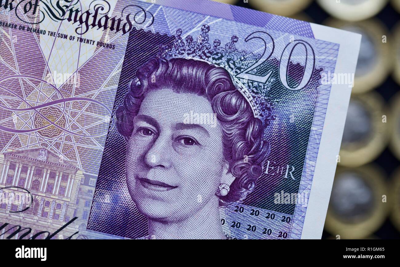 Photo Détail de la reine Elizabeth II le billet de 20 livres Banque D'Images