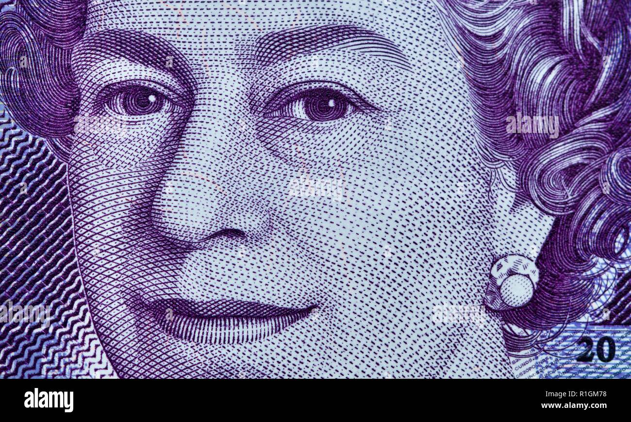 Photo Détail de la reine Elizabeth II le billet de 20 livres Banque D'Images