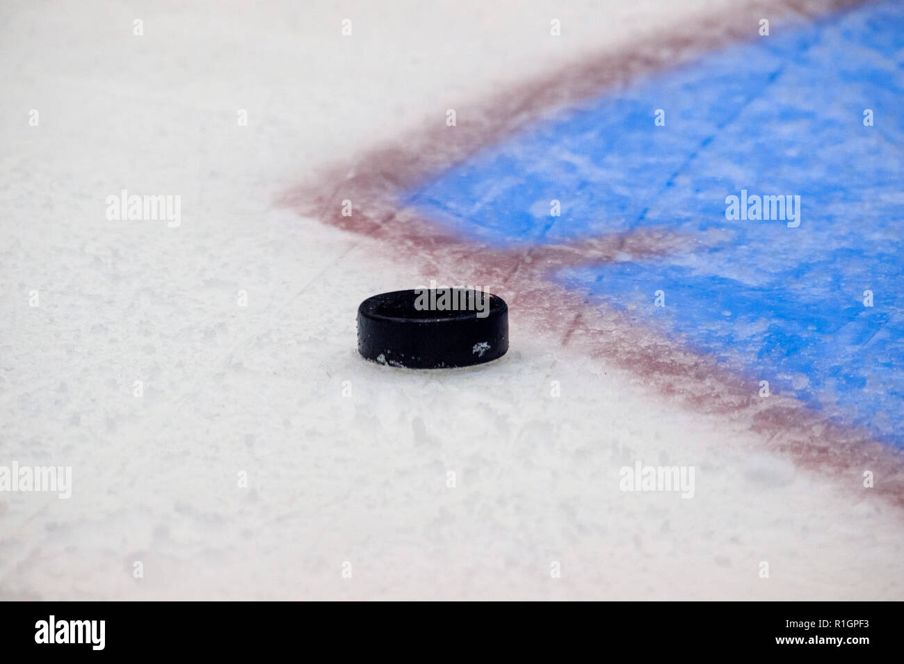 Ligne de but rouge sur la patinoire de hockey sur glace. Sport d'hiver Banque D'Images