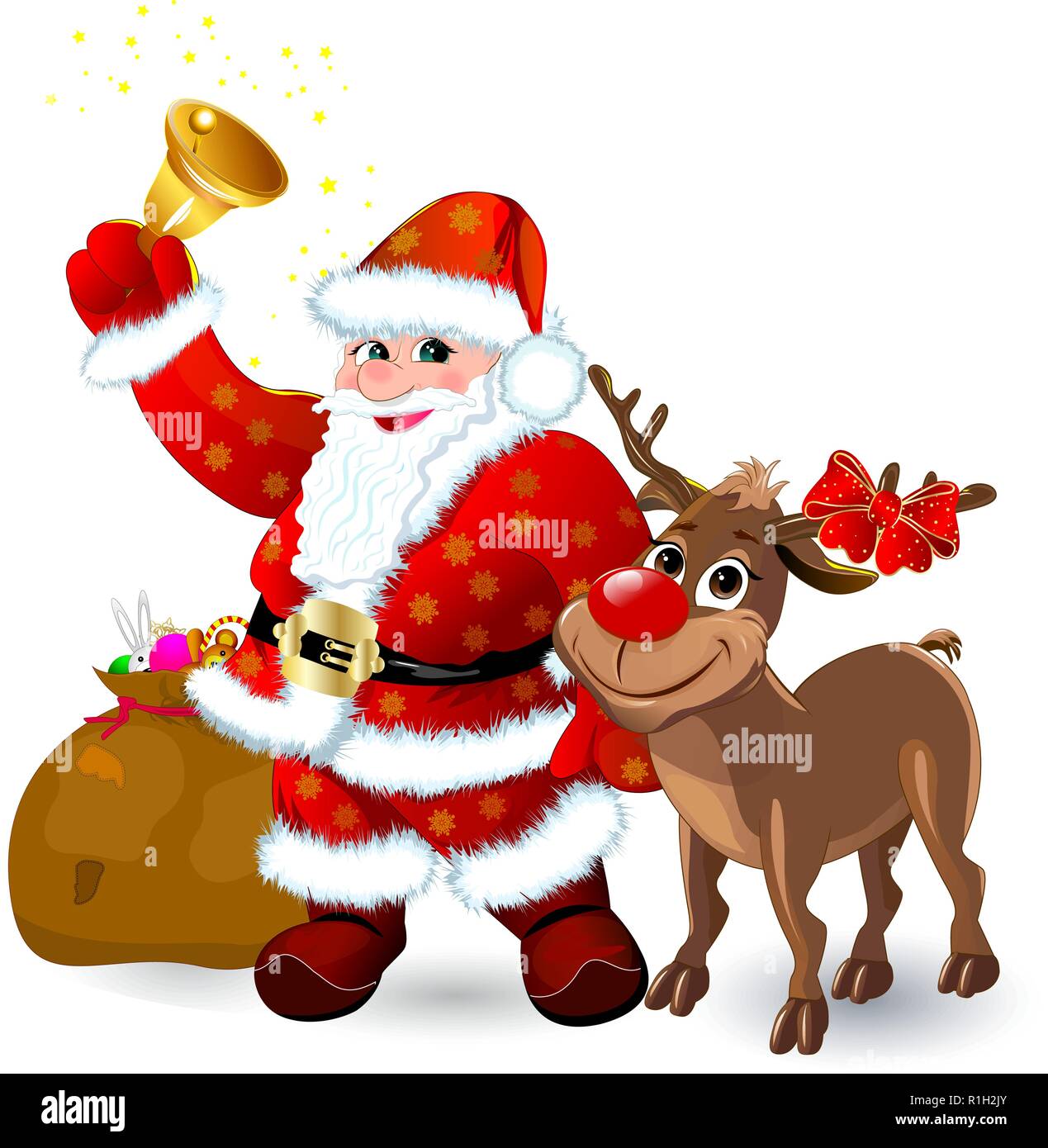 Père Noël avec des cadeaux et une cloche. Deer avec un nez rouge.caricatures Le Père Noël et les rennes. Le Père Noël et le cerf sur fond blanc. Illustration de Vecteur
