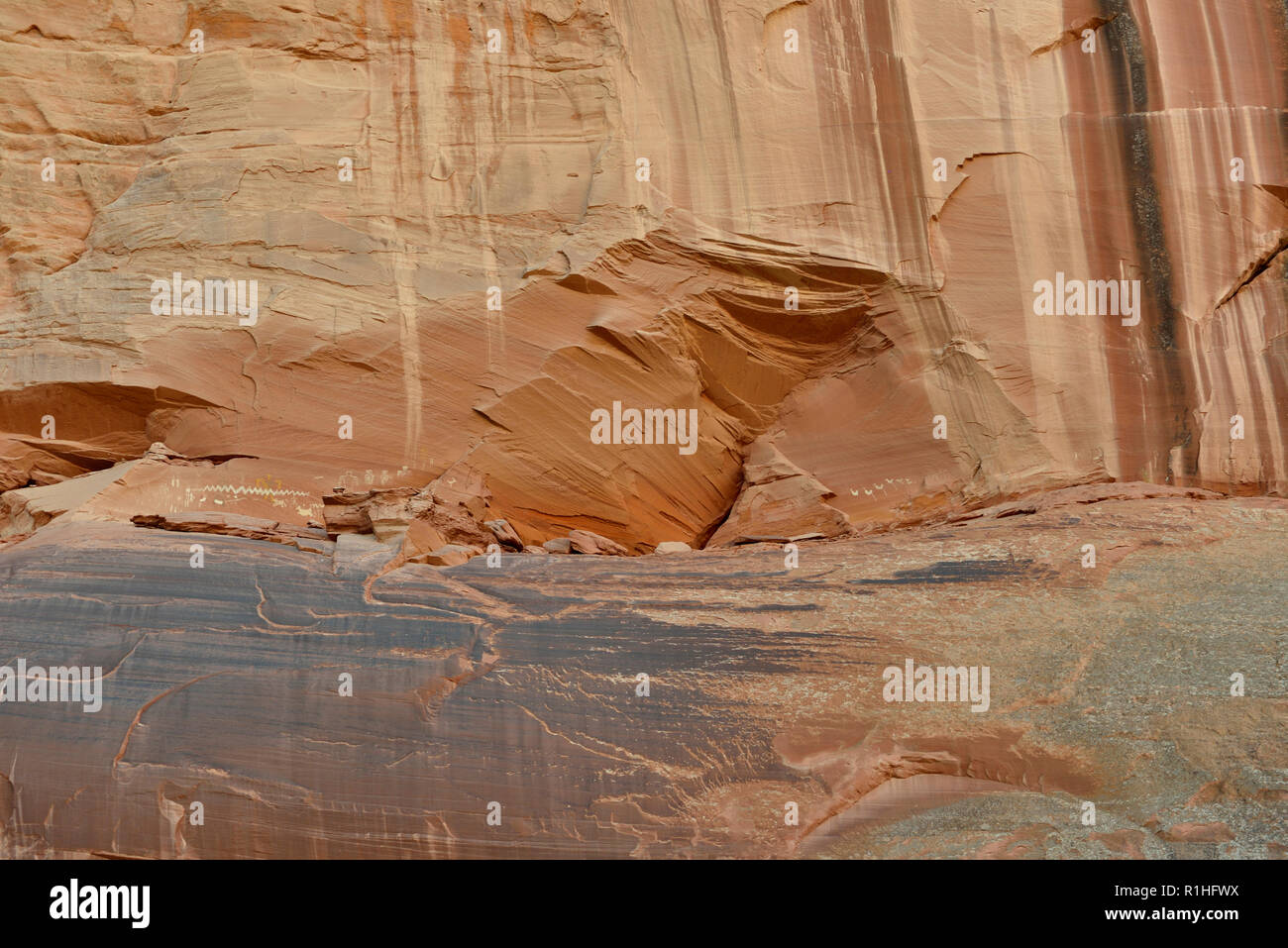 Pictogrammes : lignes ondulées, Stick figures, animaux, oiseaux, Canyon de Chelly National Monument, Chinle, Arizona, USA 180930 69916  Banque D'Images