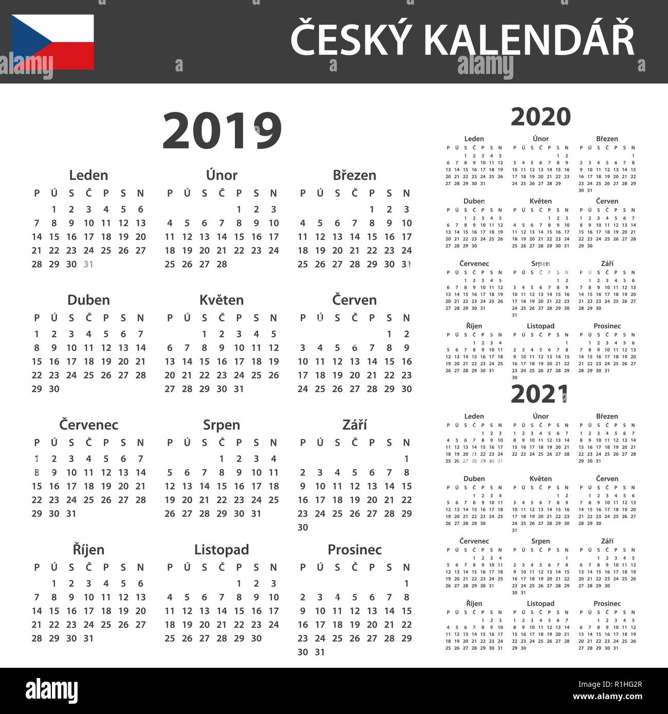 République tchèque pour 2019 Calendrier 2020, et 2021. Planificateur, ou de l'ordre du modèle de journal. Semaine commence le lundi Illustration de Vecteur