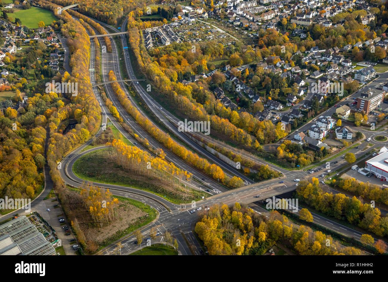 Vue aérienne, l'autoroute Werdener Straße B224 de l'autoroute a44, les feuilles d'automne, arbres, bande médiane avec arbres, pont de l'autoroute, petite circumsta Banque D'Images