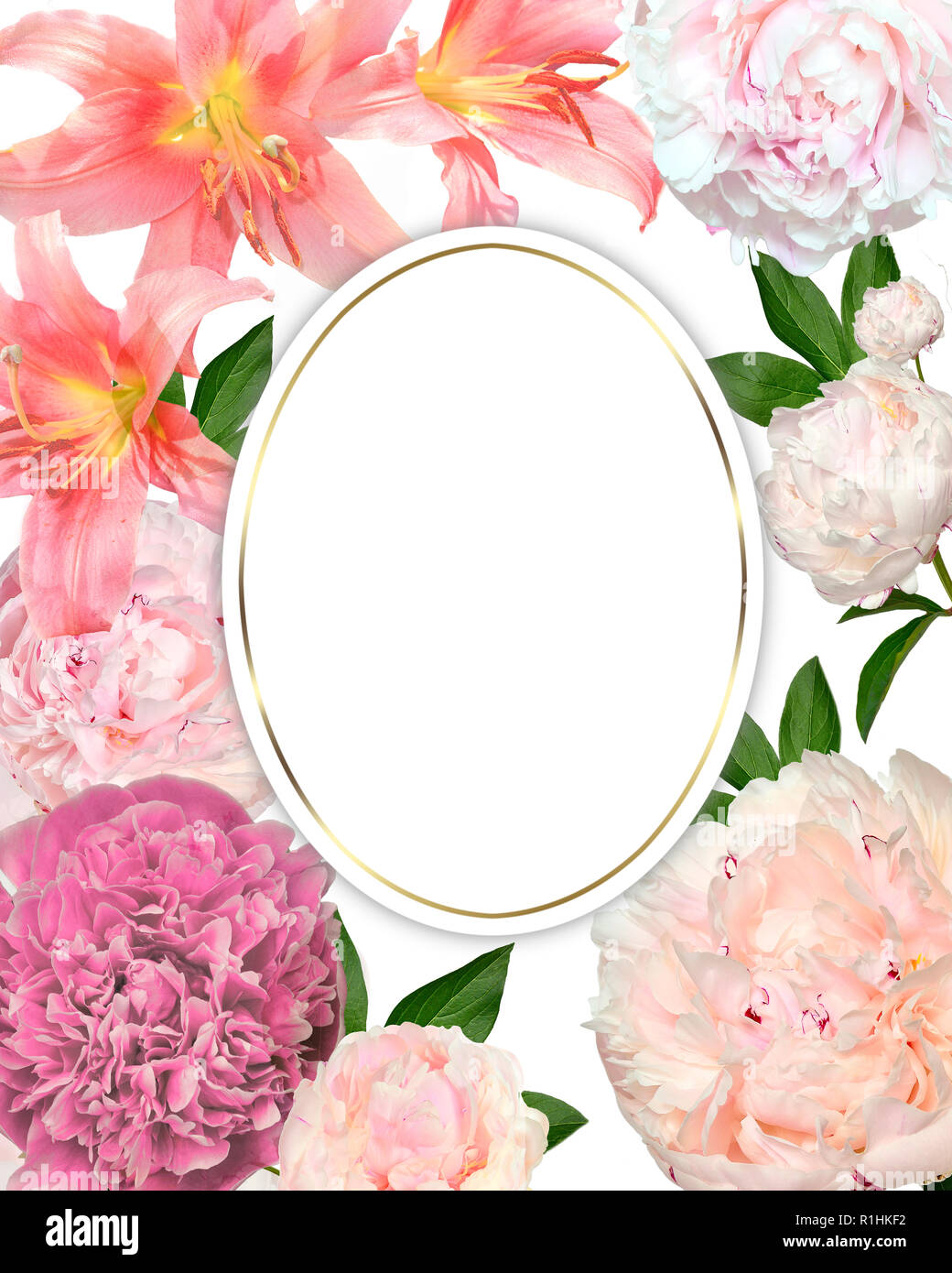 Romantique printemps Vintage floral frame avec rose doux lys, pivoines et de feuilles. Arrière-plan de fête pour carte de vœux, invitation, label avec r Banque D'Images