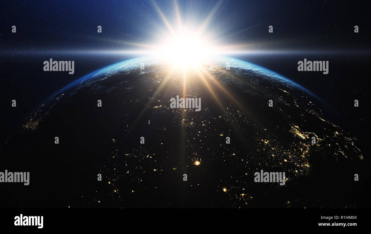 Beau lever de soleil au-dessus de la planète Terre vu de l'espace extra-atmosphérique Banque D'Images