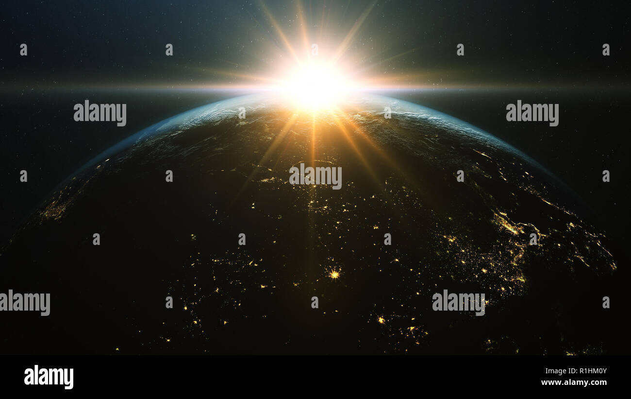 Beau lever de soleil au-dessus de la planète Terre vu de l'espace extra-atmosphérique Banque D'Images