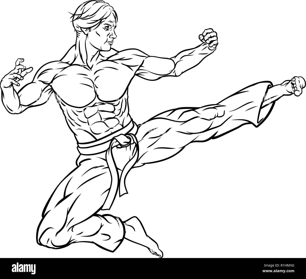 Flying Kick Karaté ou Kung Fu Man Illustration de Vecteur