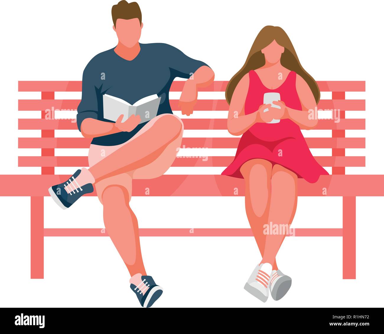 L'homme et la jeune fille assise sur un banc. Femme utilise un téléphone mobile. Man reading book. Vector Illustration Illustration de Vecteur