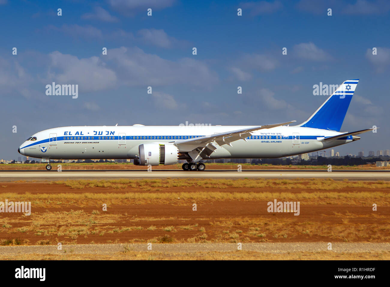El Al Boeing 787-9 Dreamliner a photographié à l'aéroport Ben Gourion, Israël Banque D'Images