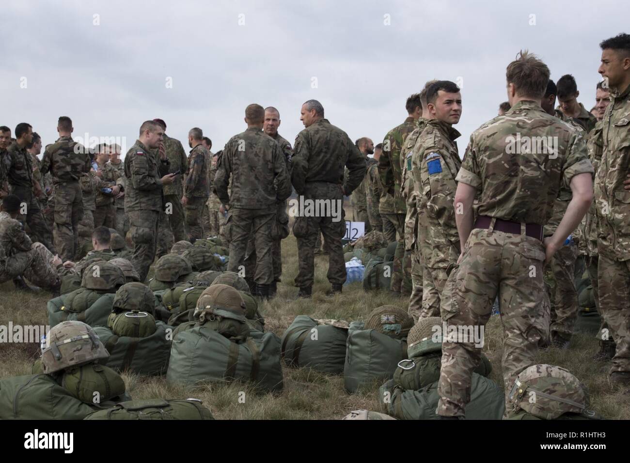 ERMELO, Pays-Bas (sept. 20, 2018) États-Unis, néerlandaises, britanniques, et parachutistes allemands debrief après avoir participé à l'exercice à l'Houtdorperveld Leap Falcon Drop Zone dans le cadre du 74ème anniversaire de l'opération Market Garden. Cette année, la célébration a réuni quelque 750 parachutistes de sept pays différents pour une série d'opérations aéroportées et d'événements pour commémorer la plus grande opération aéroportée de l'histoire. À ce jour, des générations de Dutch se souvenir de la bravoure et le sacrifice de plus de 41 600 soldats des États-Unis, du Royaume-Uni et de la Pologne qui, ensemble, constituent l'un des alliés Banque D'Images