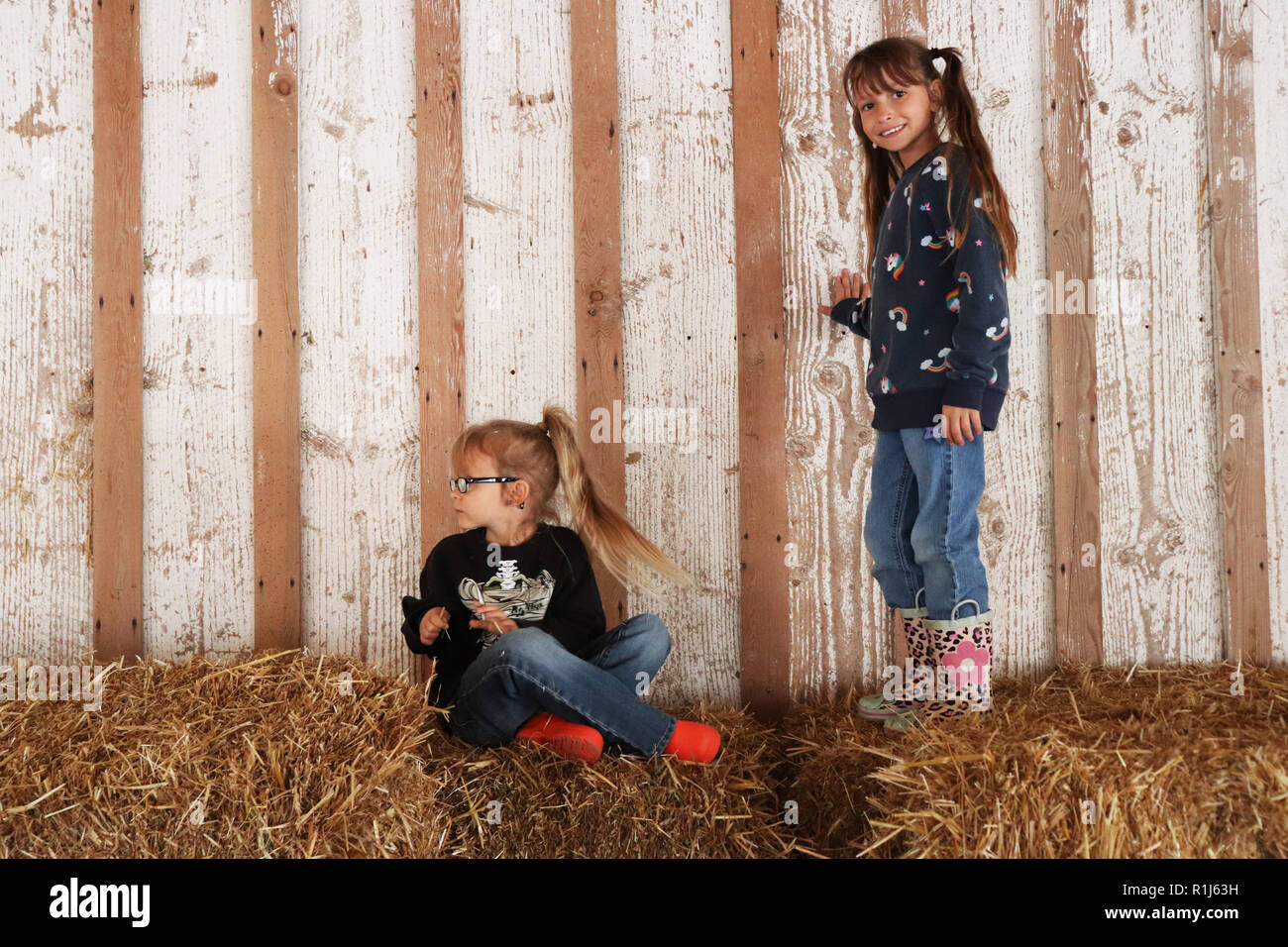 Sœurs jouant sur des bottes de foin Banque D'Images