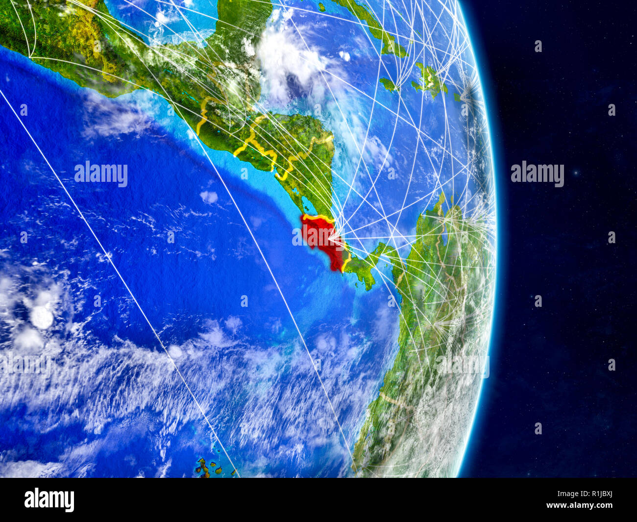 Le Costa Rica sur la planète Terre avec les réseaux. Surface de la planète extrêmement détaillées et les nuages. 3D illustration. Éléments de cette image fournie par la NASA. Banque D'Images