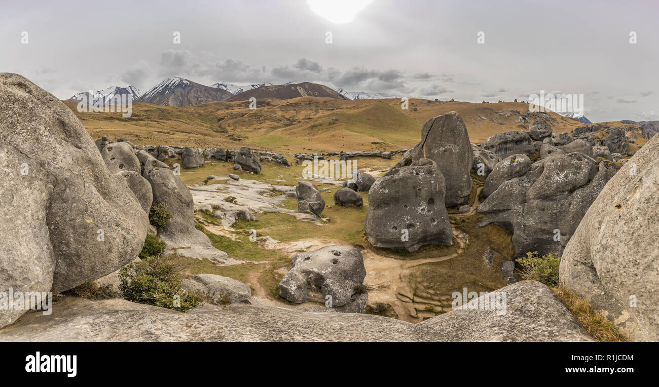 La colline du Château de conservation ou Kura Tawhiti, Arthur's Pass, des formations de roche calcaire, Alpes du Sud, l'île du Sud, Nouvelle-Zélande Banque D'Images