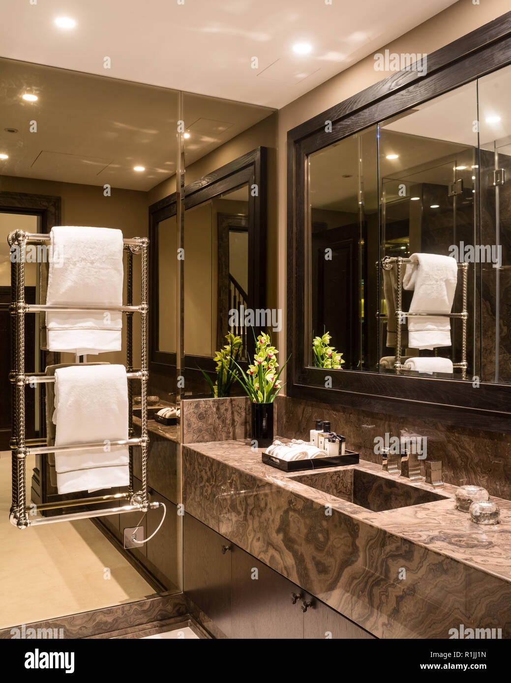 Salle de bains avec miroir mural marron Banque D'Images