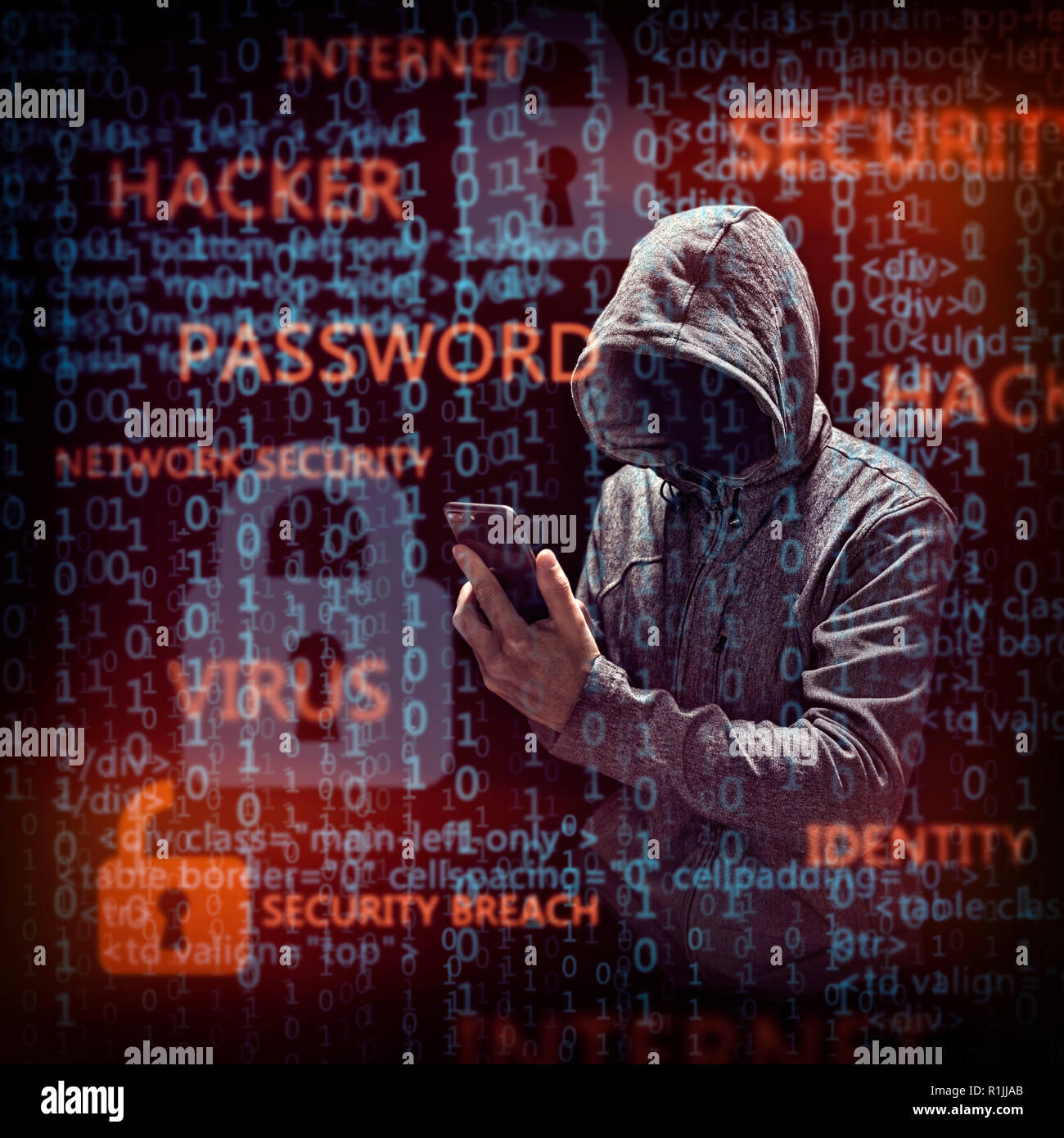 Avec un pirate informatique smartphone téléphone mobile vol de données Banque D'Images