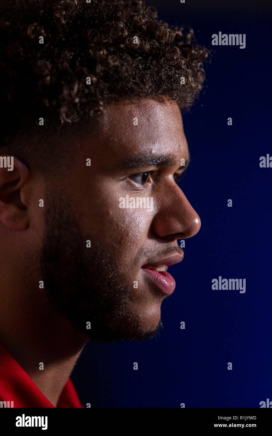 Cardiff, Wales, UK, 13 novembre 2018. Footballeur galles Tyler Roberts lors d'une conférence de presse au Musée de St Fagans Welsh Histoire de Cardiff en avant de l'UEFA Ligue Nations Match contre le Danemark. Credit : Mark Hawkins/Alamy Live News Banque D'Images