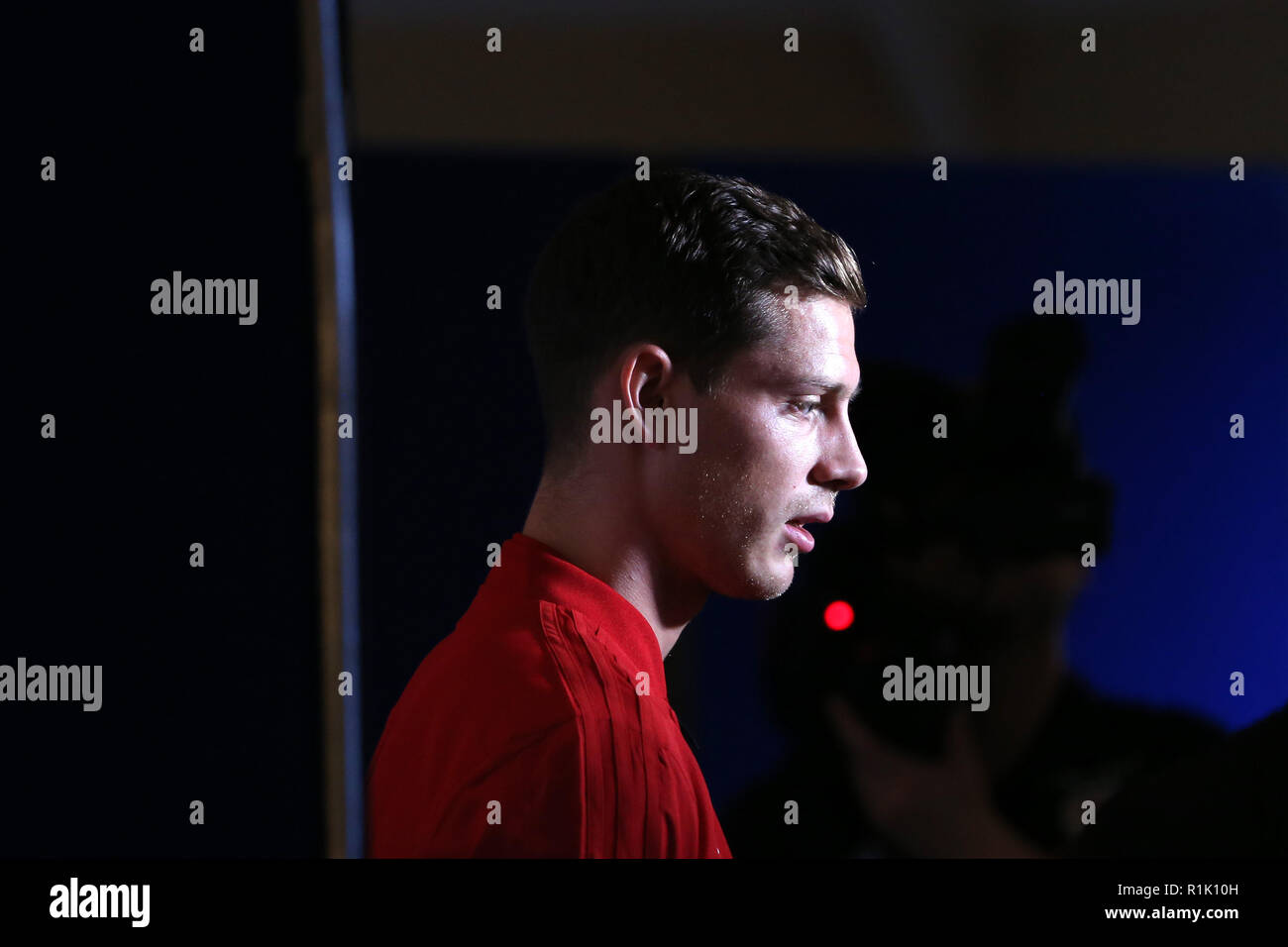 Musée national d'histoire, St Fagans, Cardiff, Pays de Galles, Royaume-Uni. 13 novembre 2018.James Lawrence de galles parle aux médias au pays de Galles football player media session à la St Fagans Musée National d'histoire de St Fagans, près de Cardiff au Pays de Galles du Sud , le mardi 13 novembre 2018. Crédit : Andrew Verger/Alamy Live News Banque D'Images