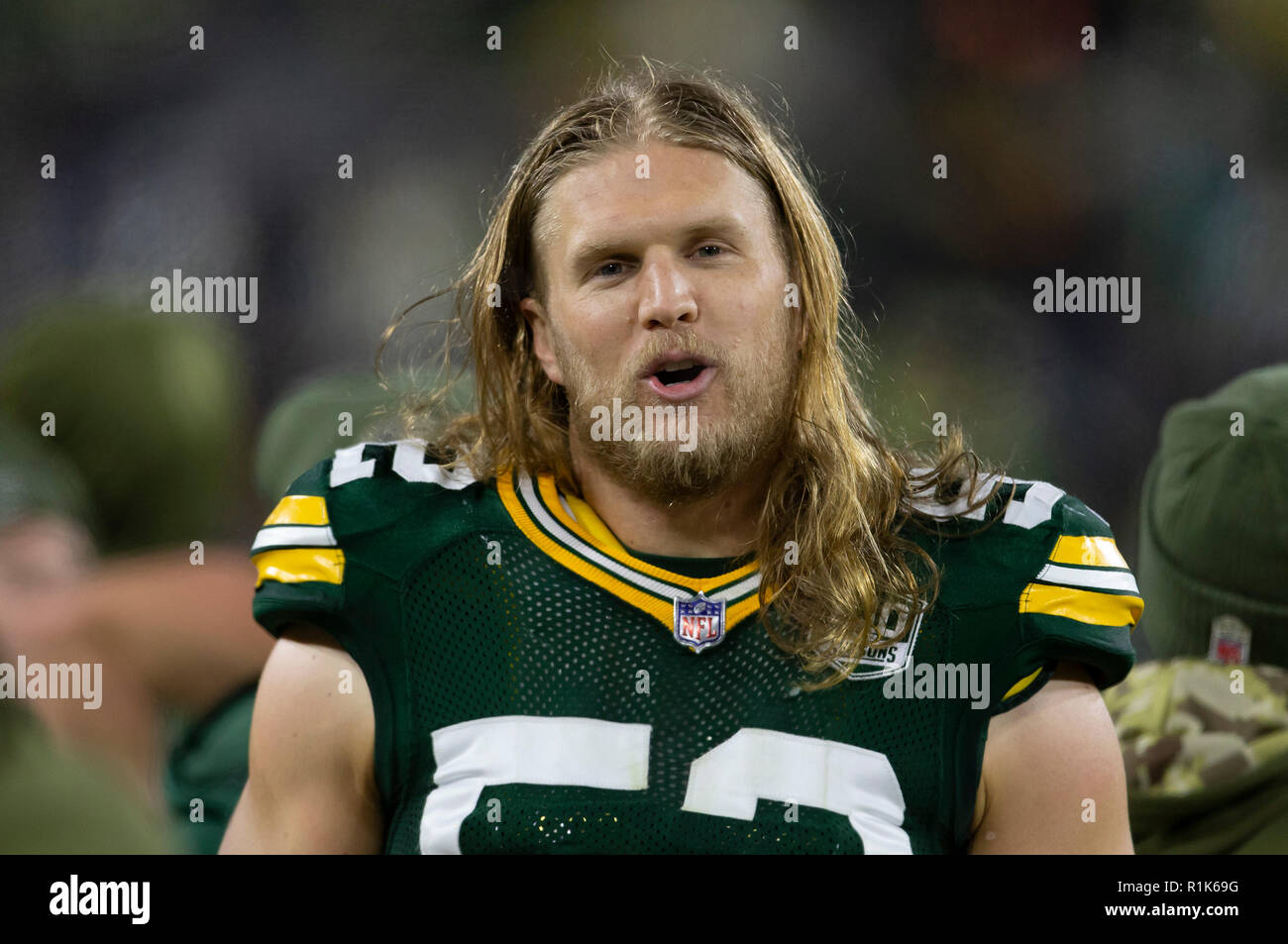Green Bay, WI, USA. 11Th Nov, 2018. L'extérieur de Green Bay Packers linebacker Clay Matthews # 52 au cours de la NFL football match entre les dauphins de Miami et les Packers de Green Bay à Lambeau Field de Green Bay, WI. Packers défait les dauphins 31-12. John Fisher/CSM/Alamy Live News Banque D'Images
